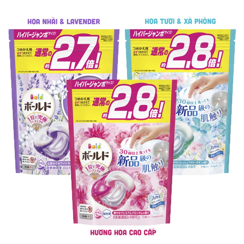 Viên giặt xả Bold P&G Nhật Bản 4in1 hương hoa túi 28 viên (2026)