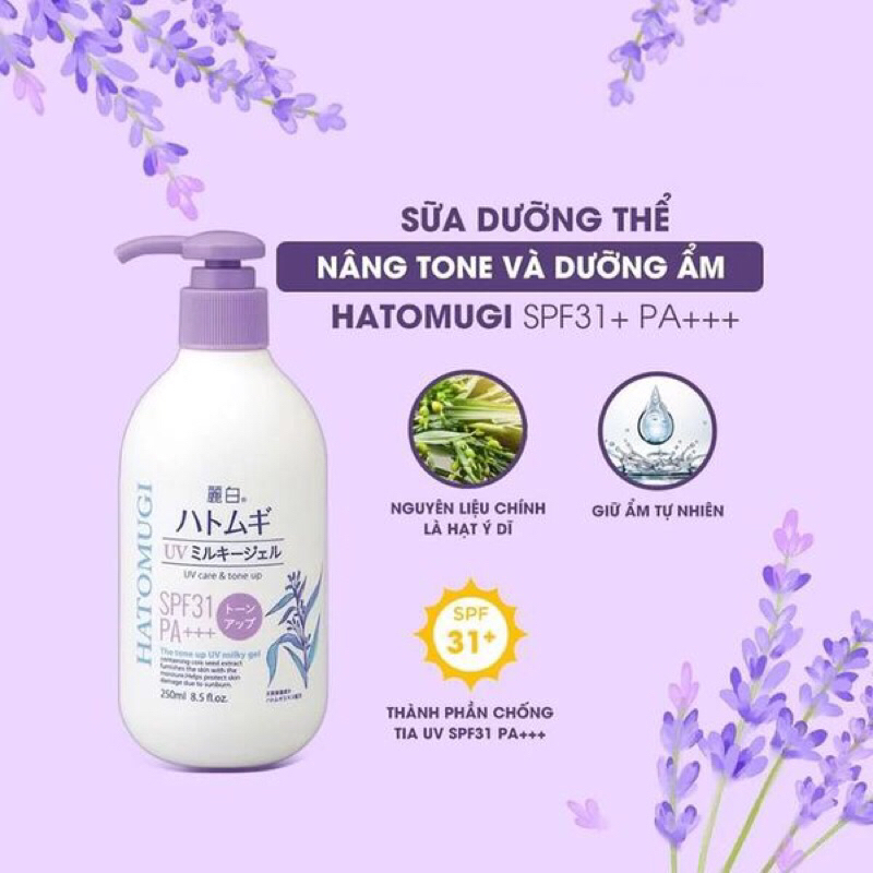 Sữa dưỡng thể Hatomugi dưỡng ẩm và nâng tông da SPF 31+ chai 250ml