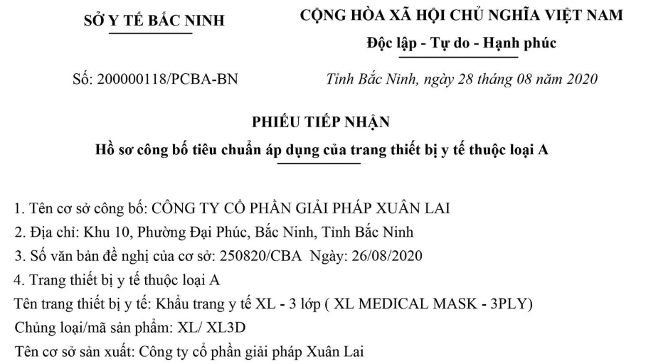 Hồ sơ công bố tiếp nhận khẩu trang y tế XL Mask 3 lớp