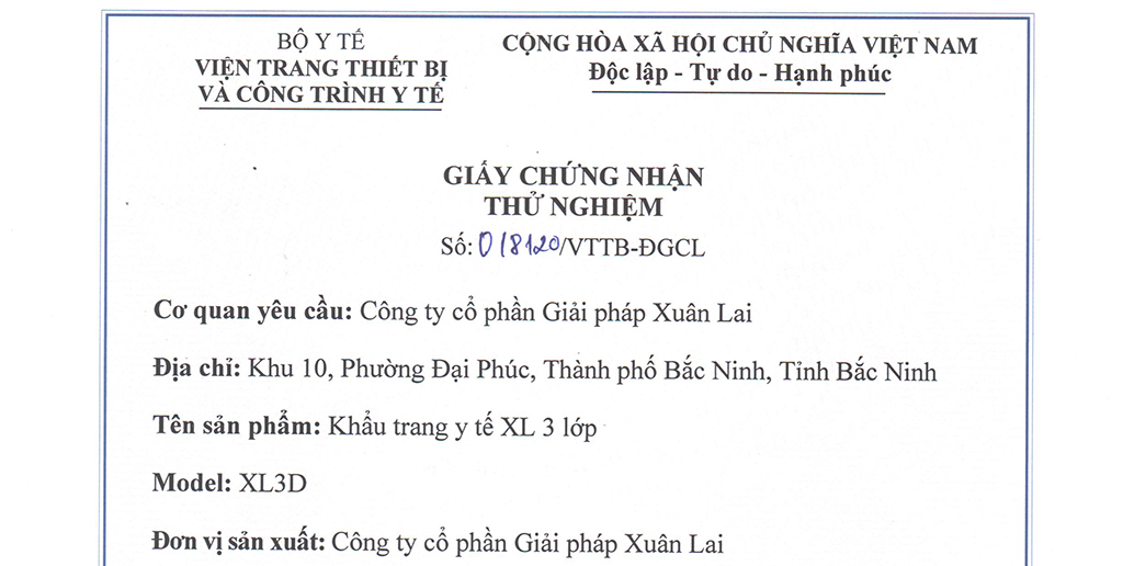 Kết quả thử nghiệm khẩu trang y tế 3 lớp Xuân Lai