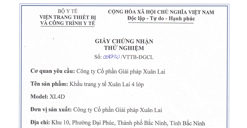 Kết quả thử nghiệm khẩu trang y tế Xuân Lai 4 lớp