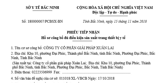 Phiếu tiếp nhận hồ sơ công bố đủ điều kiện sản xuất khẩu trang y tế Xuân Lai
