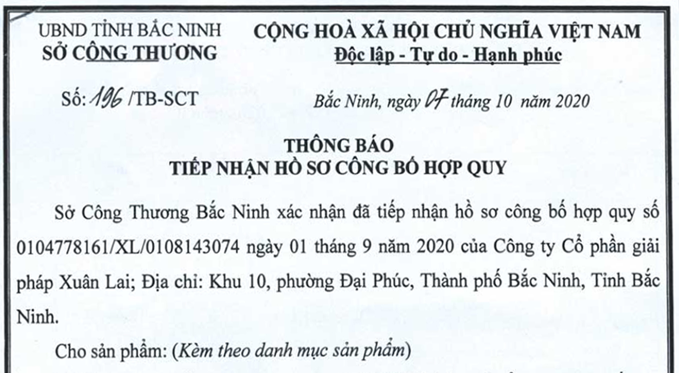 Giấy chứng nhận hợp quy sản phẩm Khẩu trang của sở công thương Bắc Ninh
