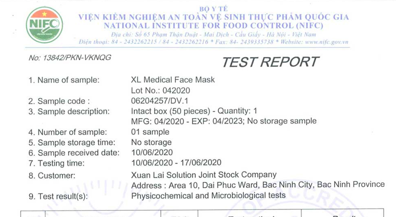 Phiếu kiểm nghiệm Test Report EN14683 khẩu trang Xuân Lai