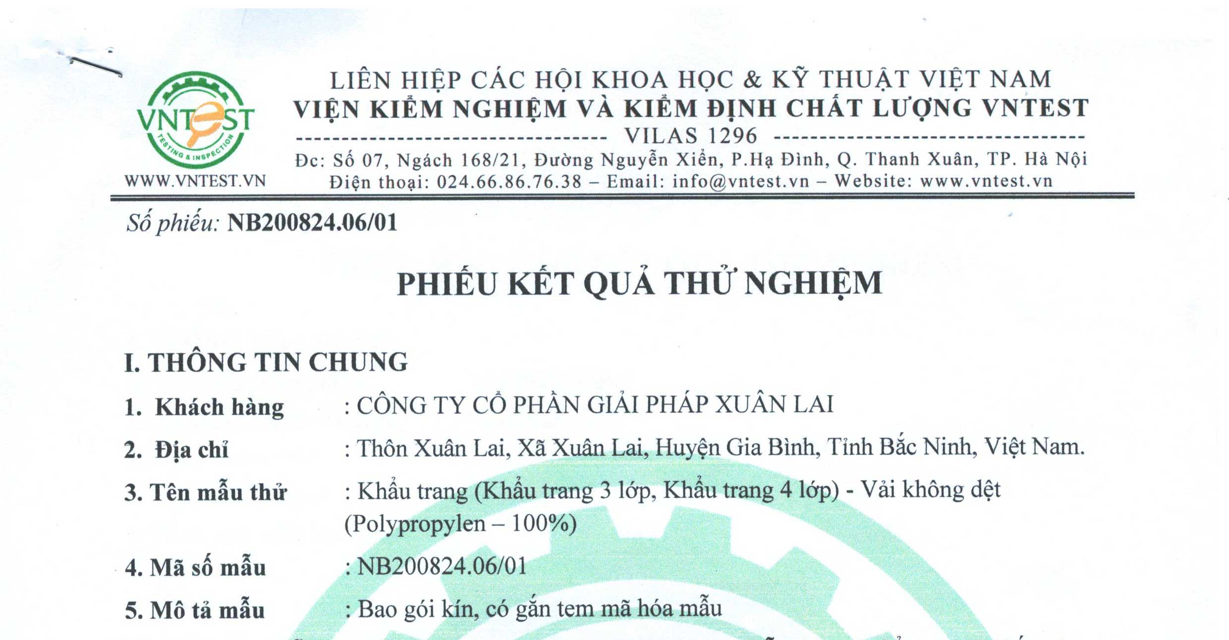 Kết quả thử nghiệm Khẩu trang vải không dệt khẩu trang Xuân Lai