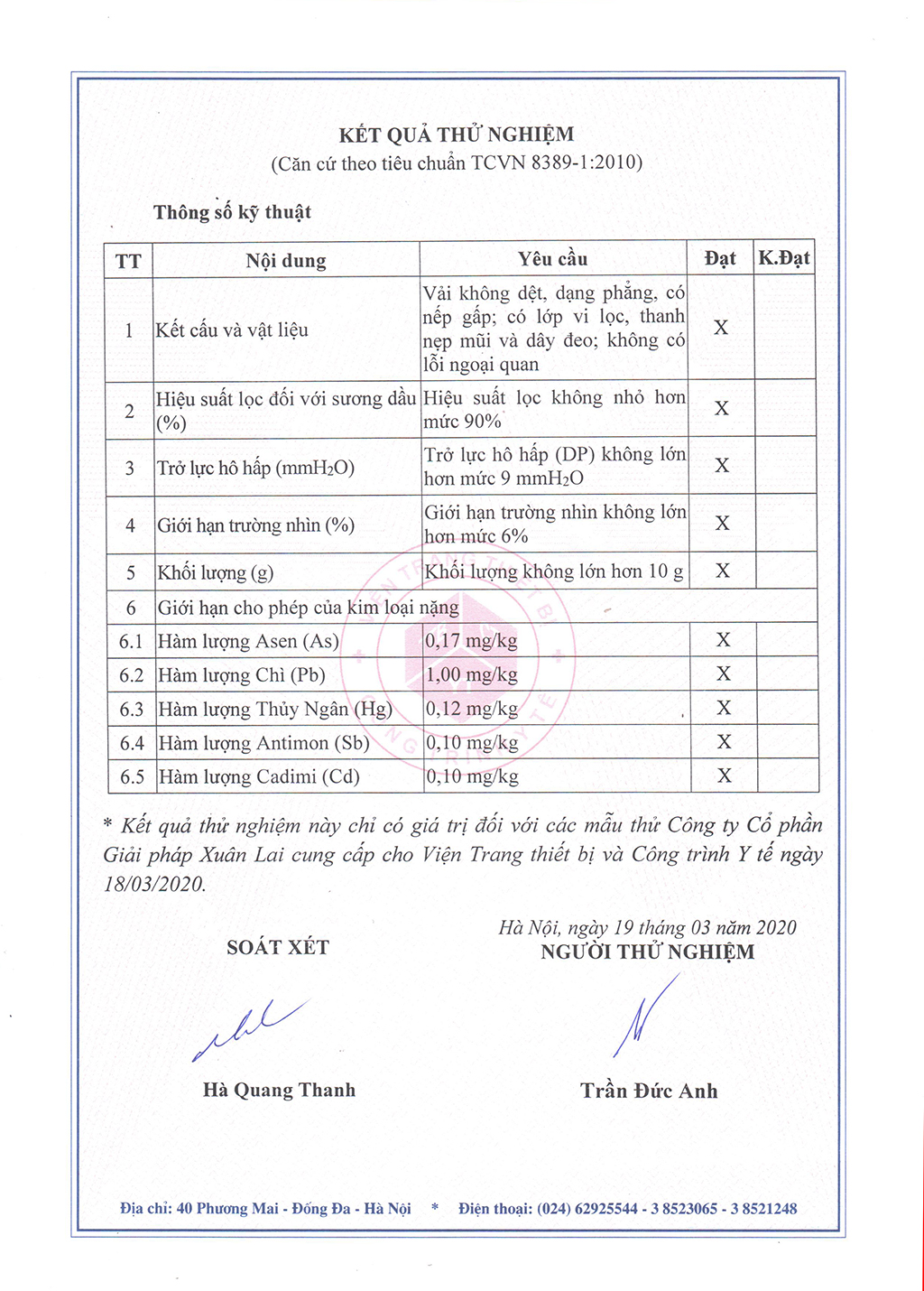Kết quả thử nghiệm khẩu trang y tế Xuân Lai 4 lớp mặt sau