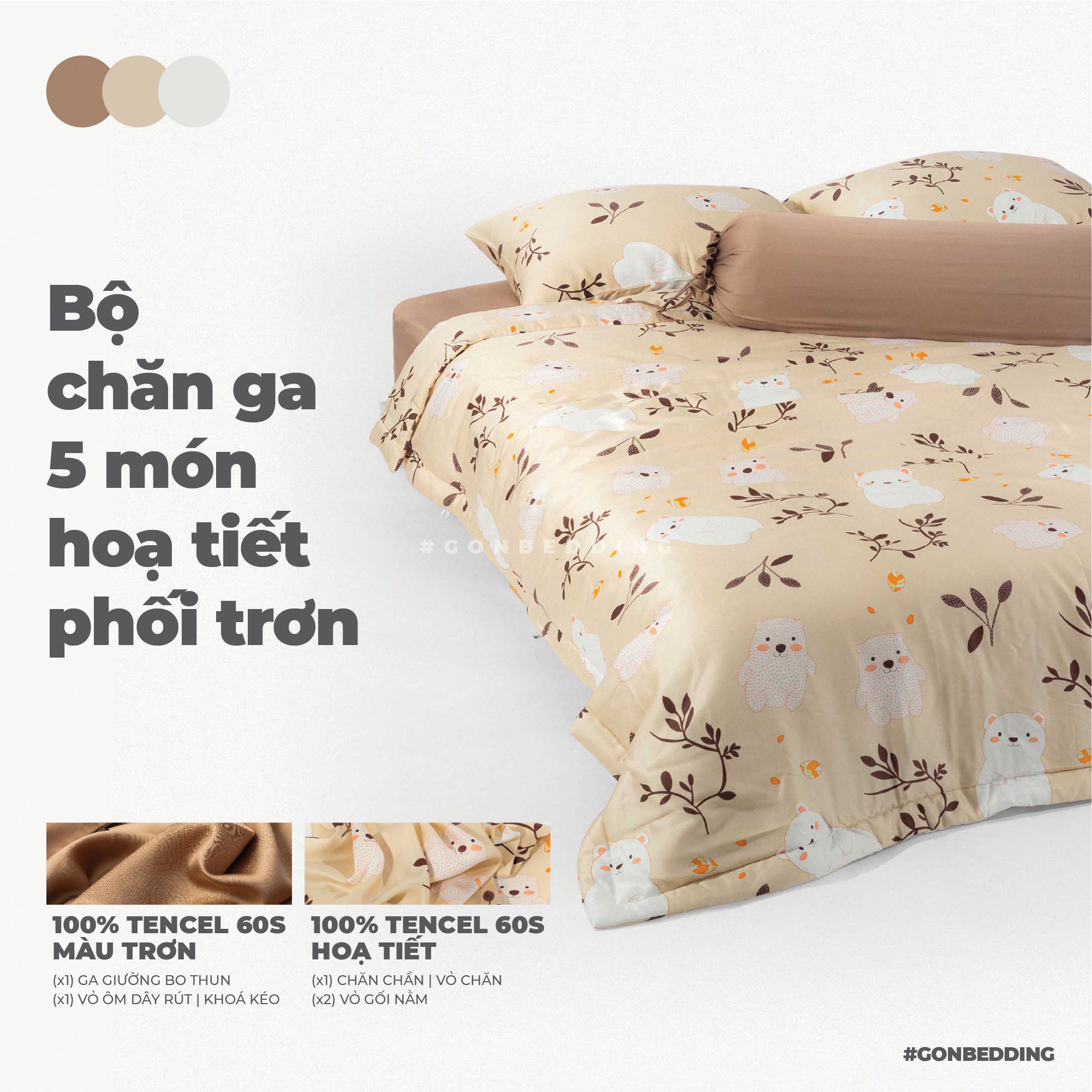 Bộ Chăn Ga Gối Lụa Tencel Hoạ Tiết Gấu Nền Kem