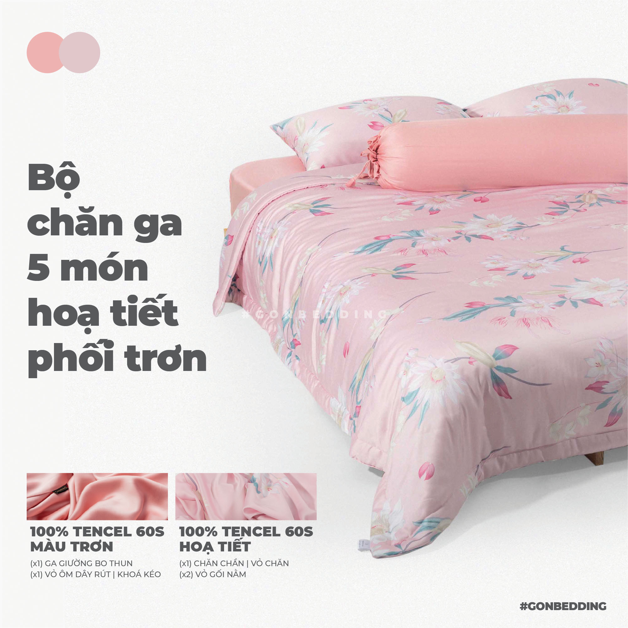 Bộ Chăn Ga Gối Lụa Tencl Hoạ Tiết Hoa Súng Nền Hồng
