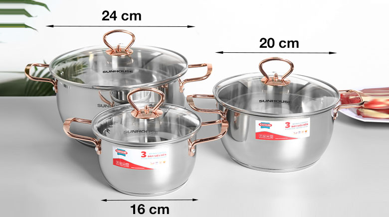 Bộ 3 nồi inox 3 đáy nắp kính Sunhouse SHG306