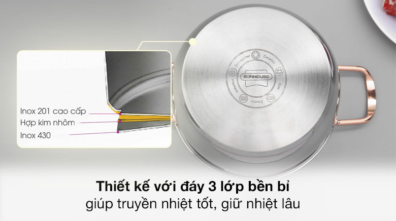 Bộ 3 nồi inox 3 đáy nắp kính Sunhouse SHG306