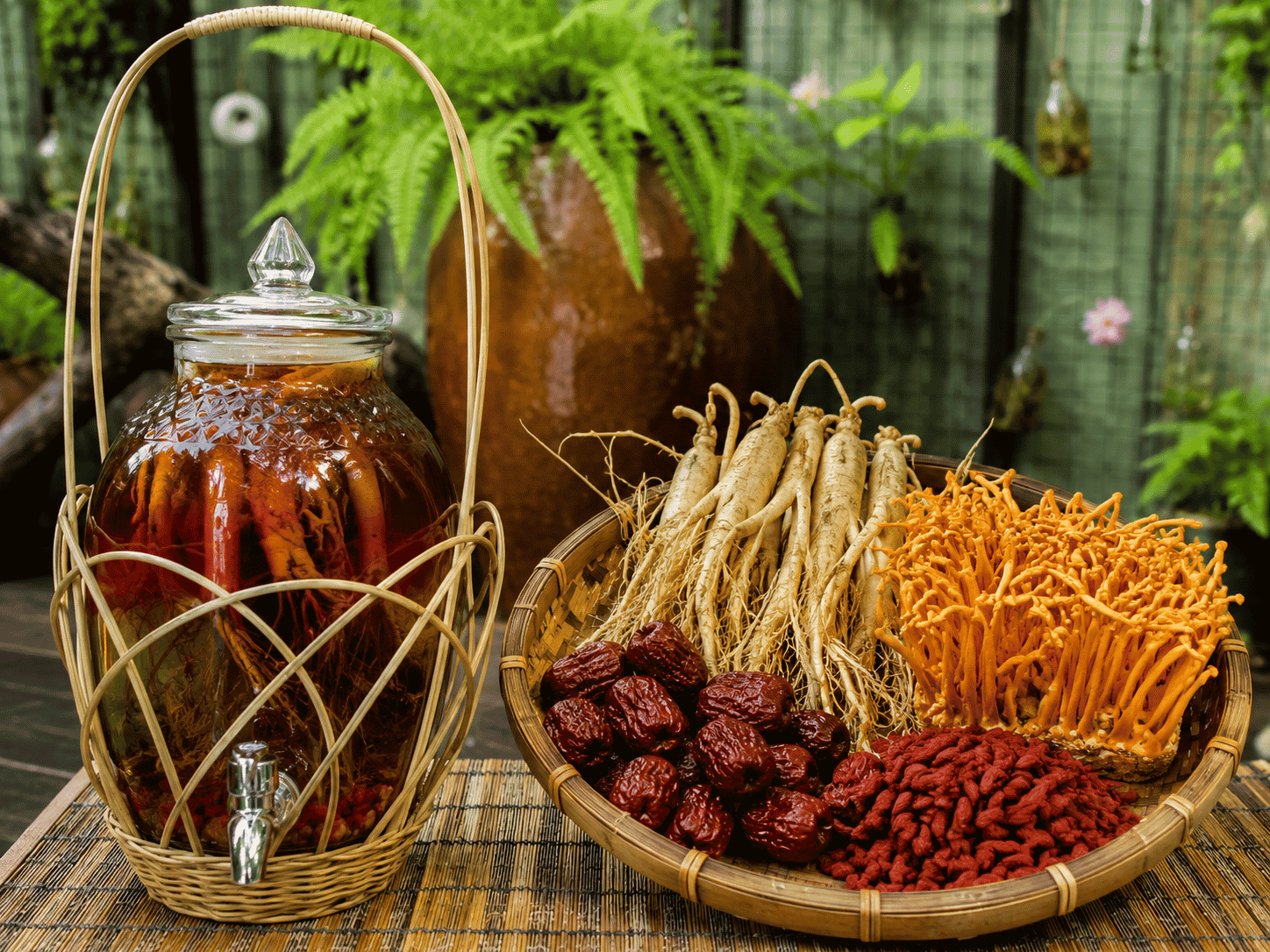 Bình rượu Tiến Vua với thành phần Đông trùng hạ thảo tươi, Sâm bố chính, Táo đỏ Tân Cương, Kỷ tử Ninh Hạ, Rượu nếp cái hoa vàng