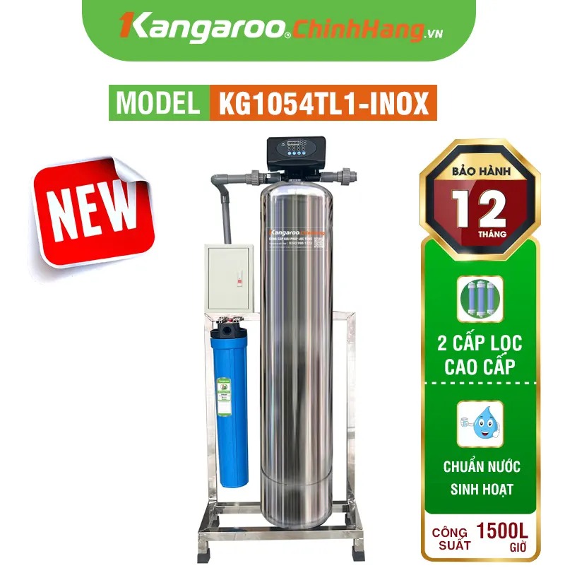 Máy lọc nước tổng đầu nguồn Kangaroo van tự động, xử lý Canxi KG1054TL1-INOX