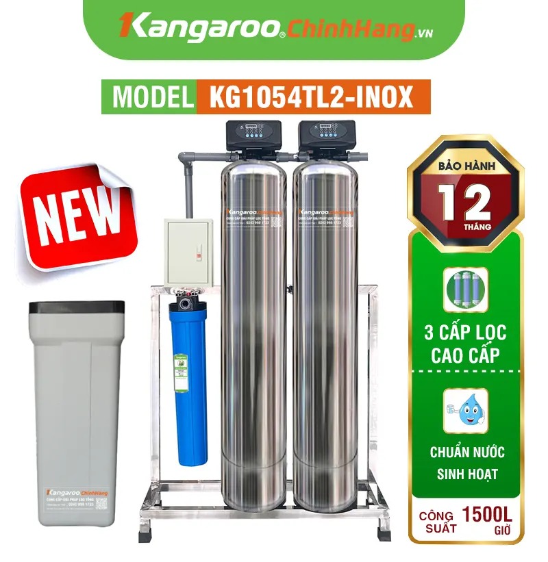 Máy lọc nước tổng đầu nguồn Kangaroo van tự động, xử lý Canxi KG1054TL2-INOX