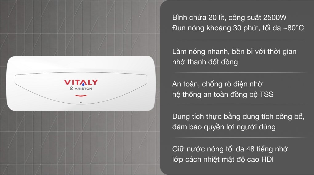 Bình nóng lạnh Ariston ngang 20 lít VITALY 20 SLIM 2.5 FE