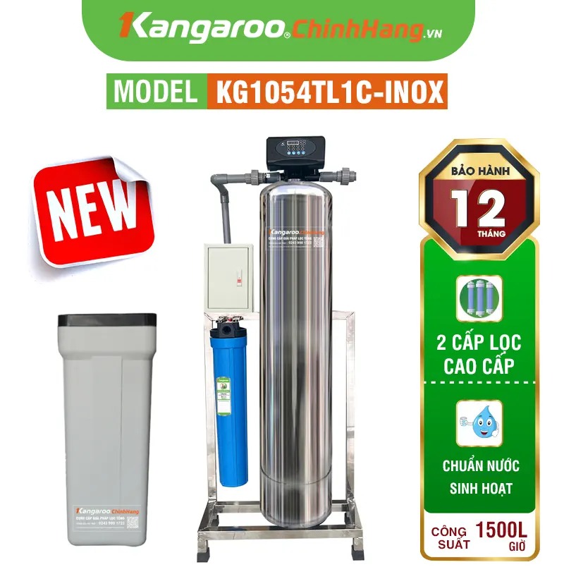 Máy lọc nước tổng đầu nguồn Kangaroo van tự động, xử lý Canxi KG1054TL1C-INOX