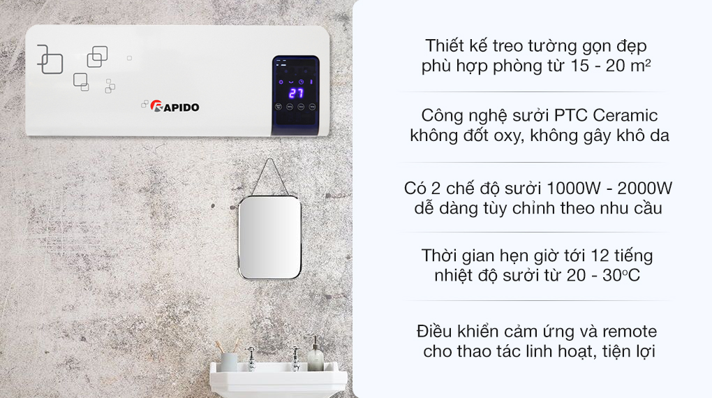 Máy sưởi gốm Ceramic treo tường Rapido RCH2000-D