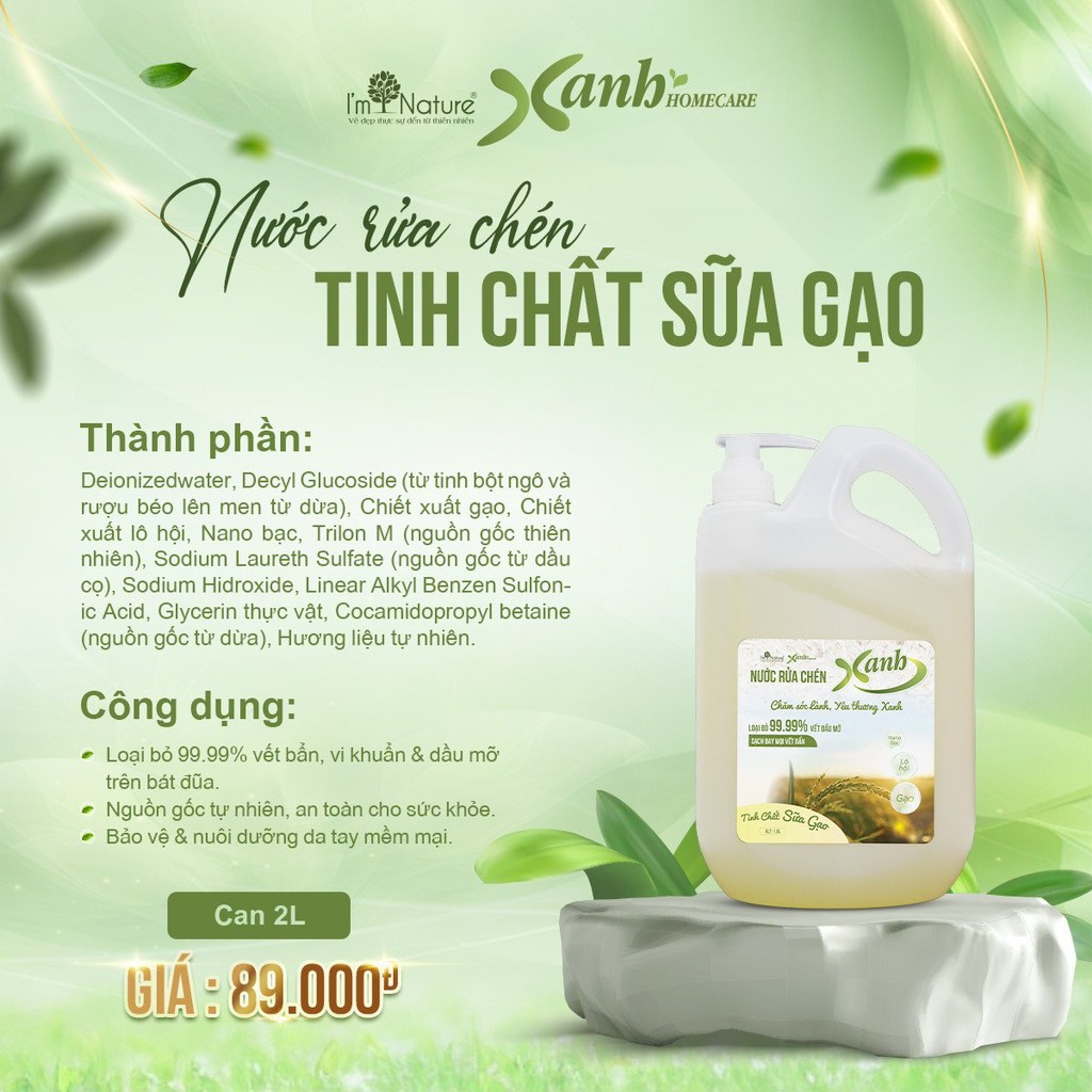 Nước rửa chén gạo Can 2 lít - XANH HOMECARE