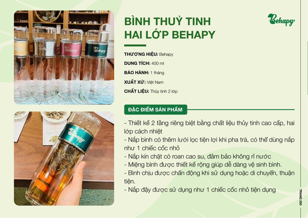 Bình thủy tinh 2 lớp 2 đầu lọc - Behapy