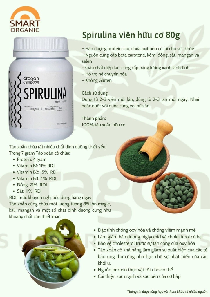 Viên tảo Spirulina Hữu cơ 80gr - 200v - Dragon