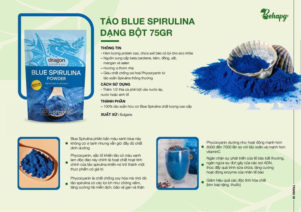 Bột tảo Blue Spirulina hữu cơ 75gr - Dragon