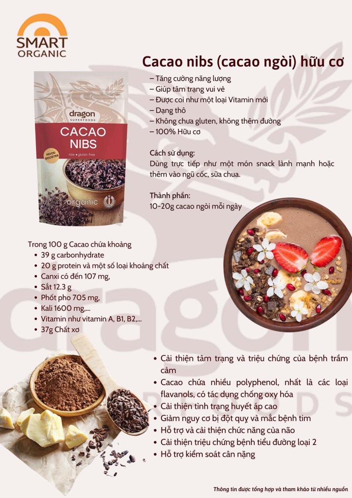 Cacao nibs (ca cao ngòi) hữu cơ 200gr - Dragon