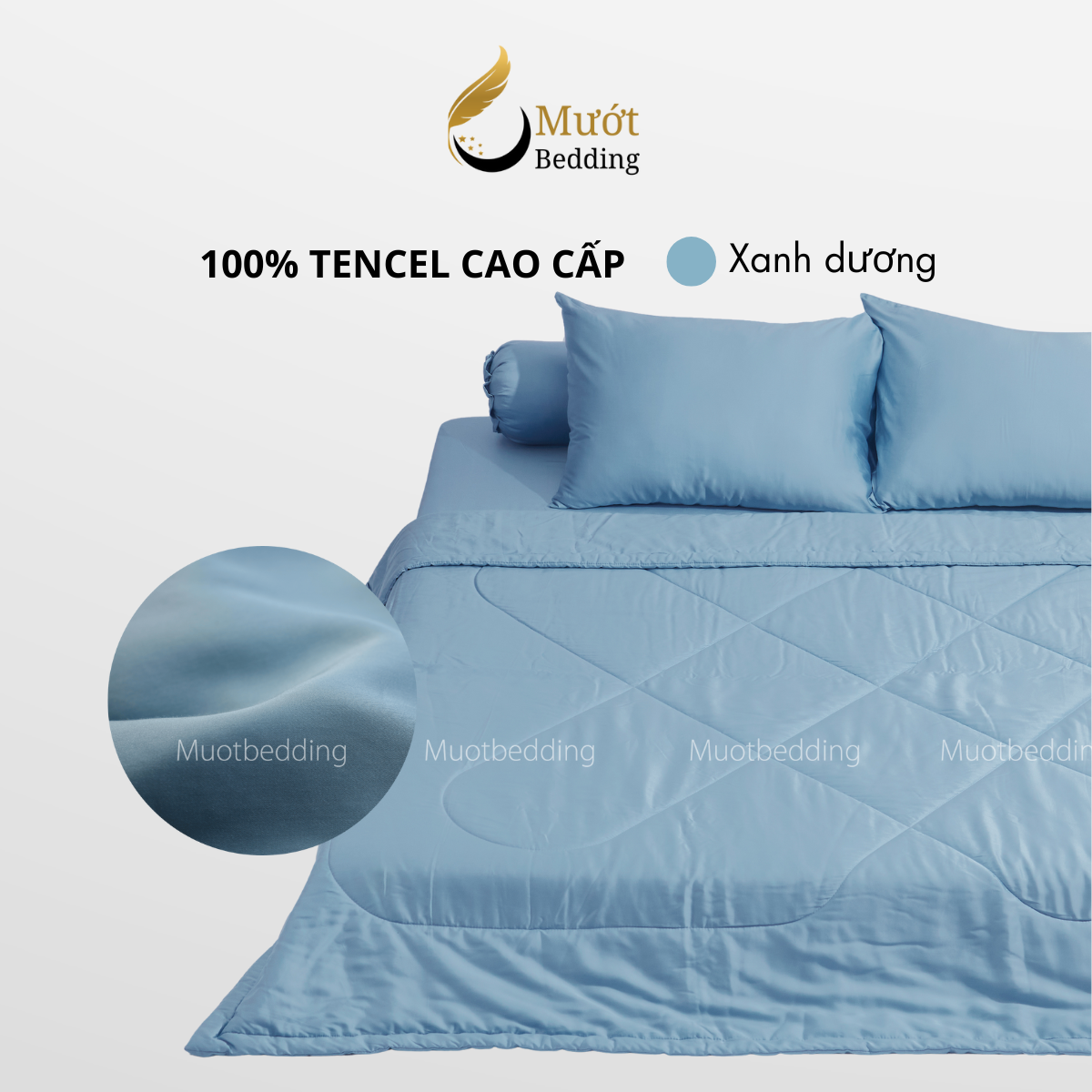 Bộ chăn ga gối lụa 100% Tencel 60s trơn màu - Mướt Bedding, bộ 5 món kèm chăn chần cao cấp
