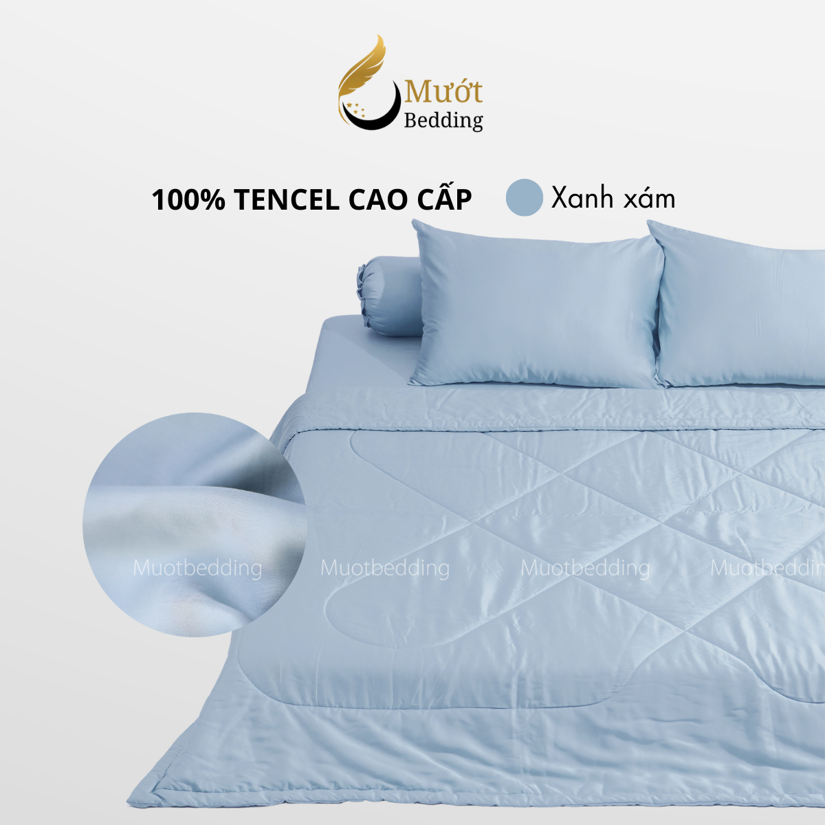 Bộ chăn ga gối lụa 100% Tencel 60s trơn màu - Mướt Bedding, bộ 5 món kèm chăn chần cao cấp