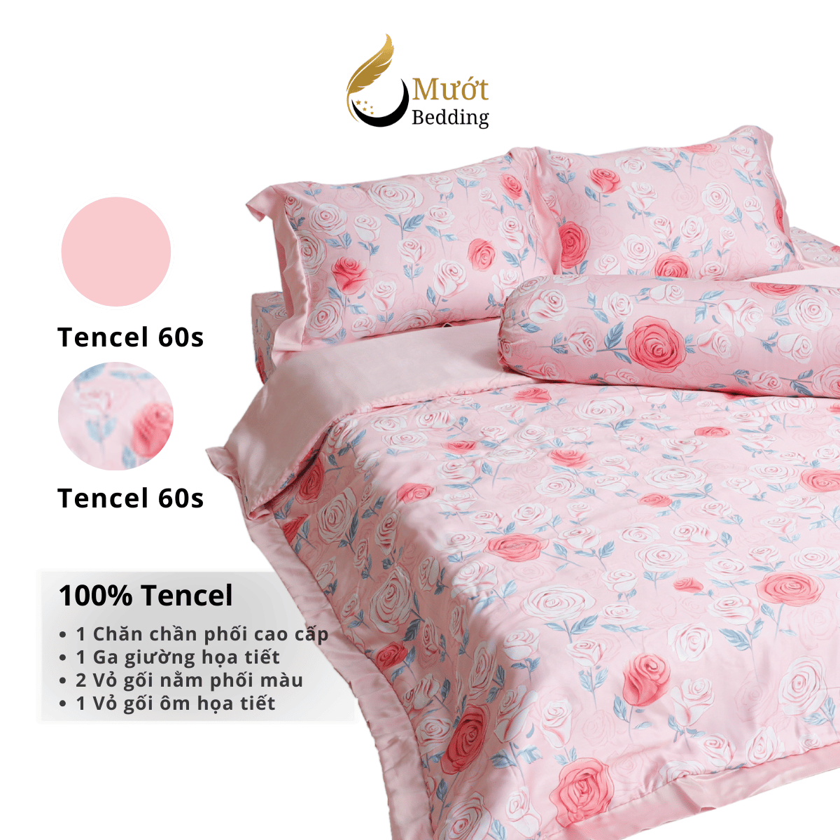 Bộ ga giường Mướt bedding chất liệu lụa Tencel bộ 5 món gồm chăn cao cấp đầy đủ size giường