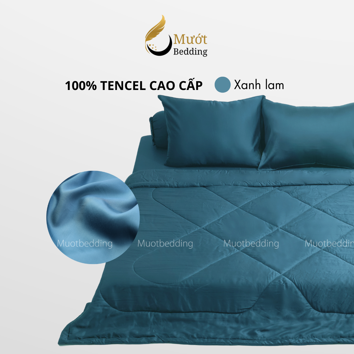 Bộ chăn ga gối lụa 100% Tencel 60s trơn màu - Mướt Bedding, bộ 5 món kèm chăn chần cao cấp
