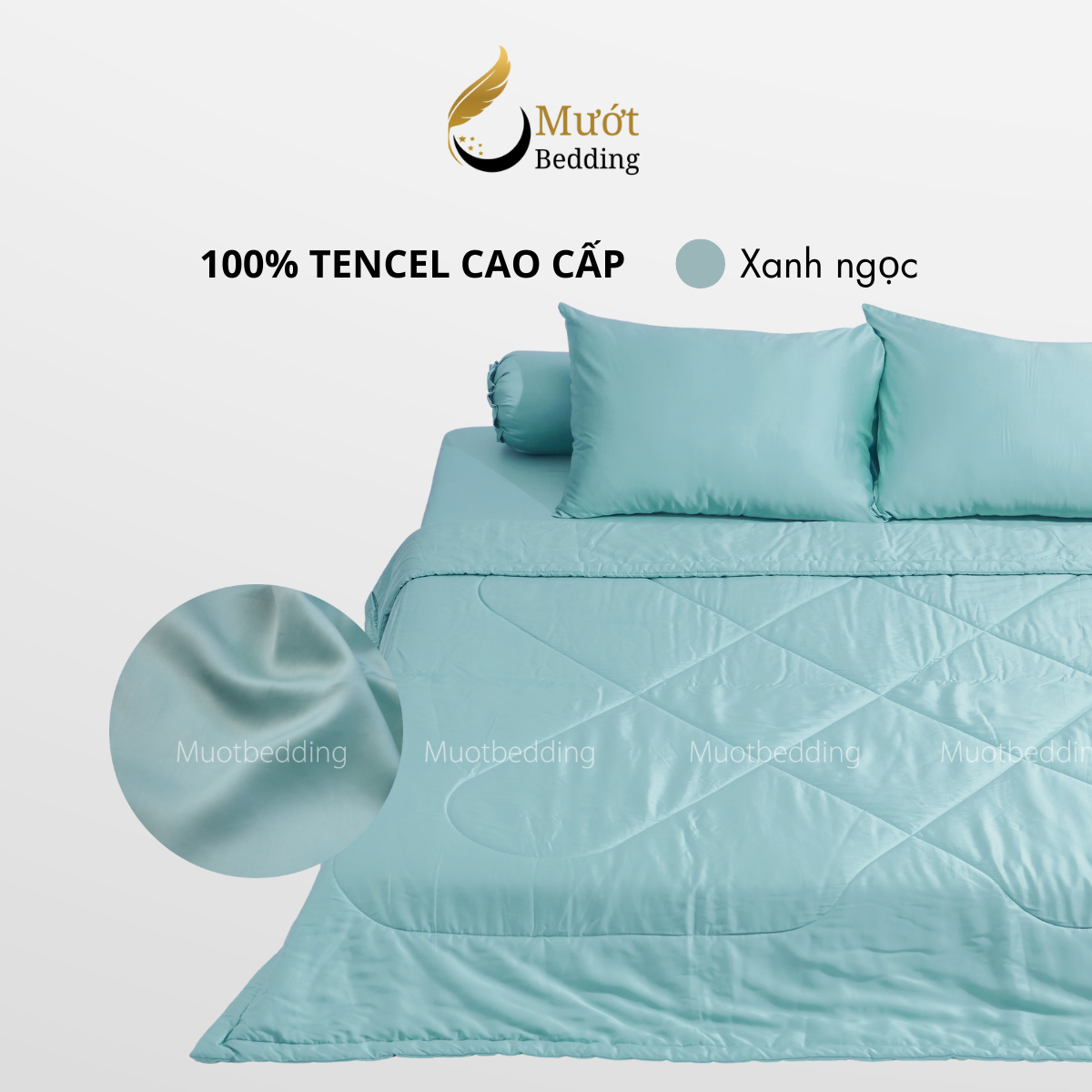 Bộ chăn ga gối lụa 100% Tencel 60s trơn màu - Mướt Bedding, bộ 5 món kèm chăn chần cao cấp