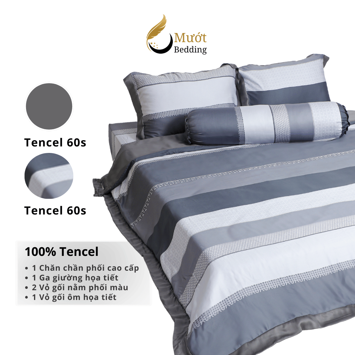 Bộ ga giường Mướt bedding chất liệu lụa Tencel bộ 5 món gồm chăn cao cấp đầy đủ size giường