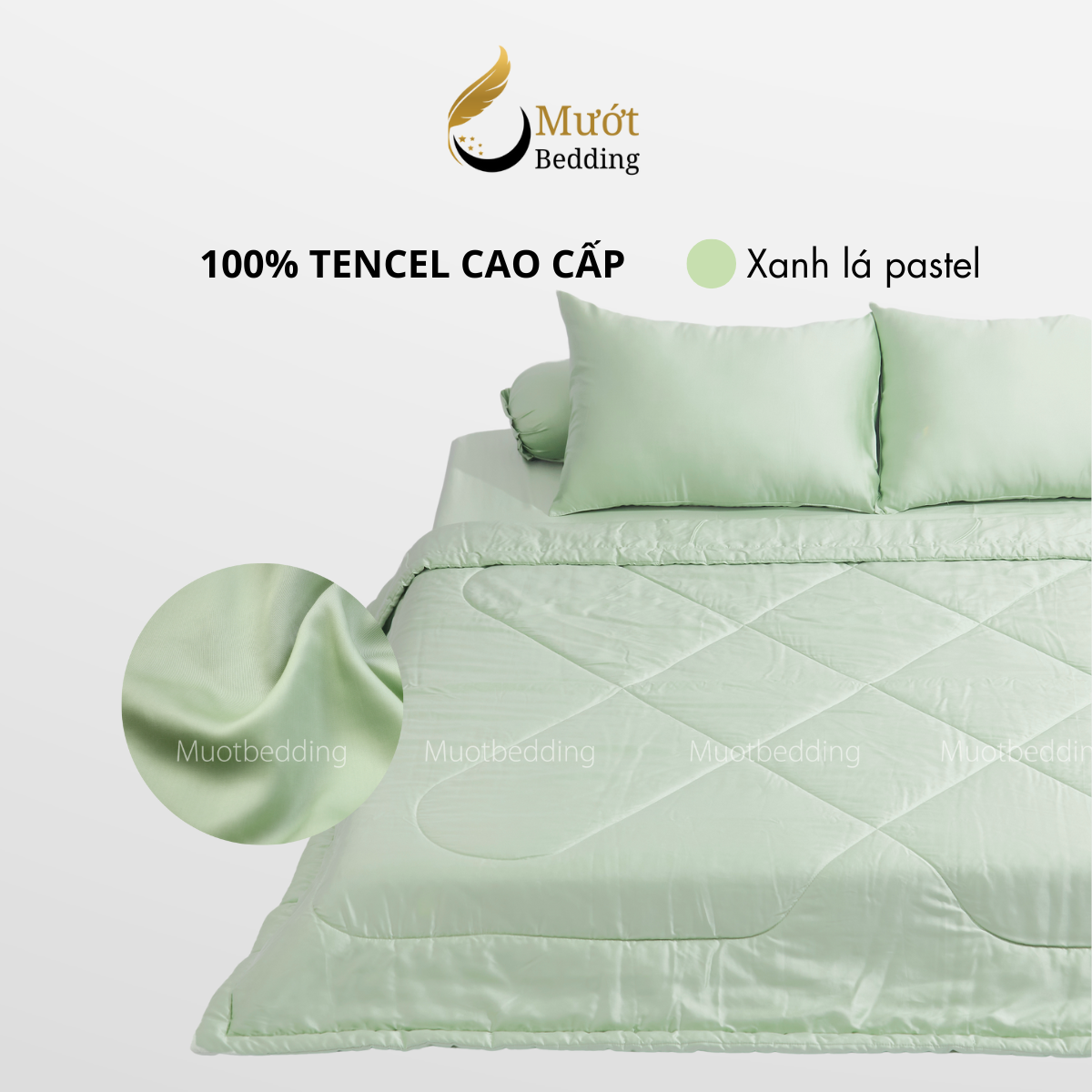 Bộ chăn ga gối lụa 100% Tencel 60s trơn màu - Mướt Bedding, bộ 5 món kèm chăn chần cao cấp