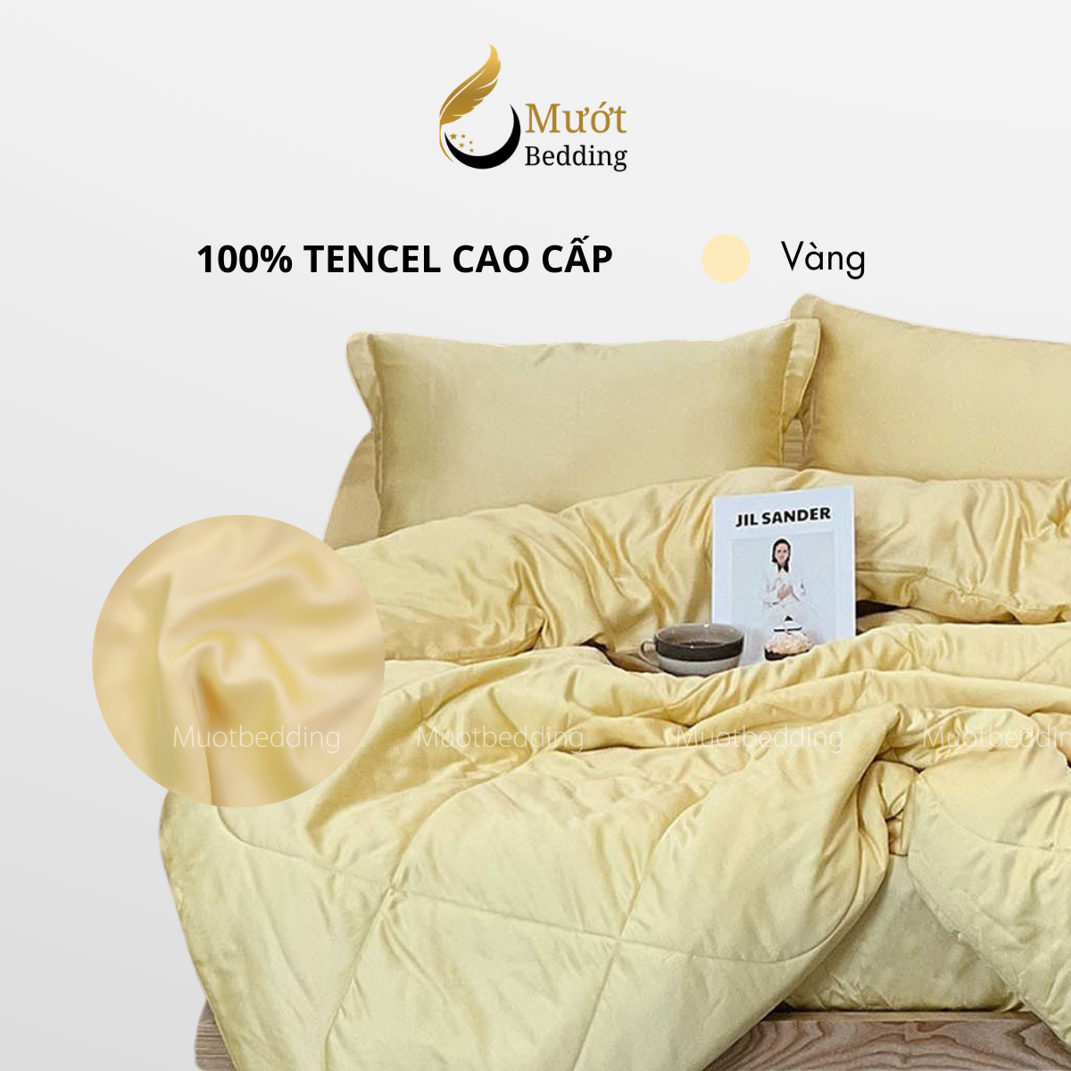 Bộ chăn ga gối lụa 100% Tencel 60s trơn màu - Mướt Bedding, bộ 5 món kèm chăn chần cao cấp