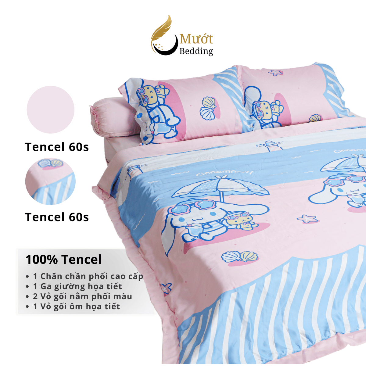 Bộ ga giường Mướt bedding chất liệu lụa Tencel bộ 5 món gồm chăn cao cấp đầy đủ size giường