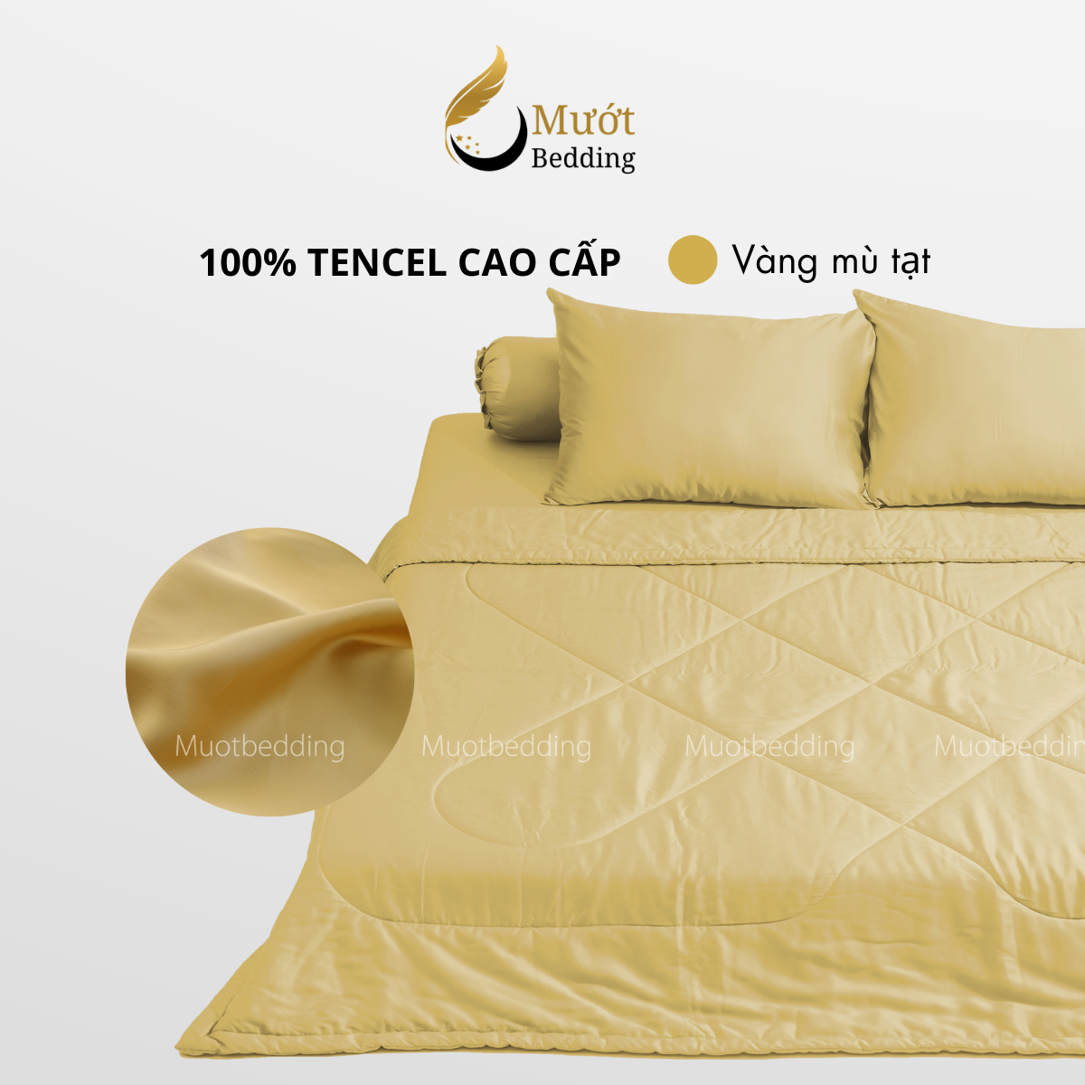 Bộ chăn ga gối lụa 100% Tencel 60s trơn màu - Mướt Bedding, bộ 5 món kèm chăn chần cao cấp