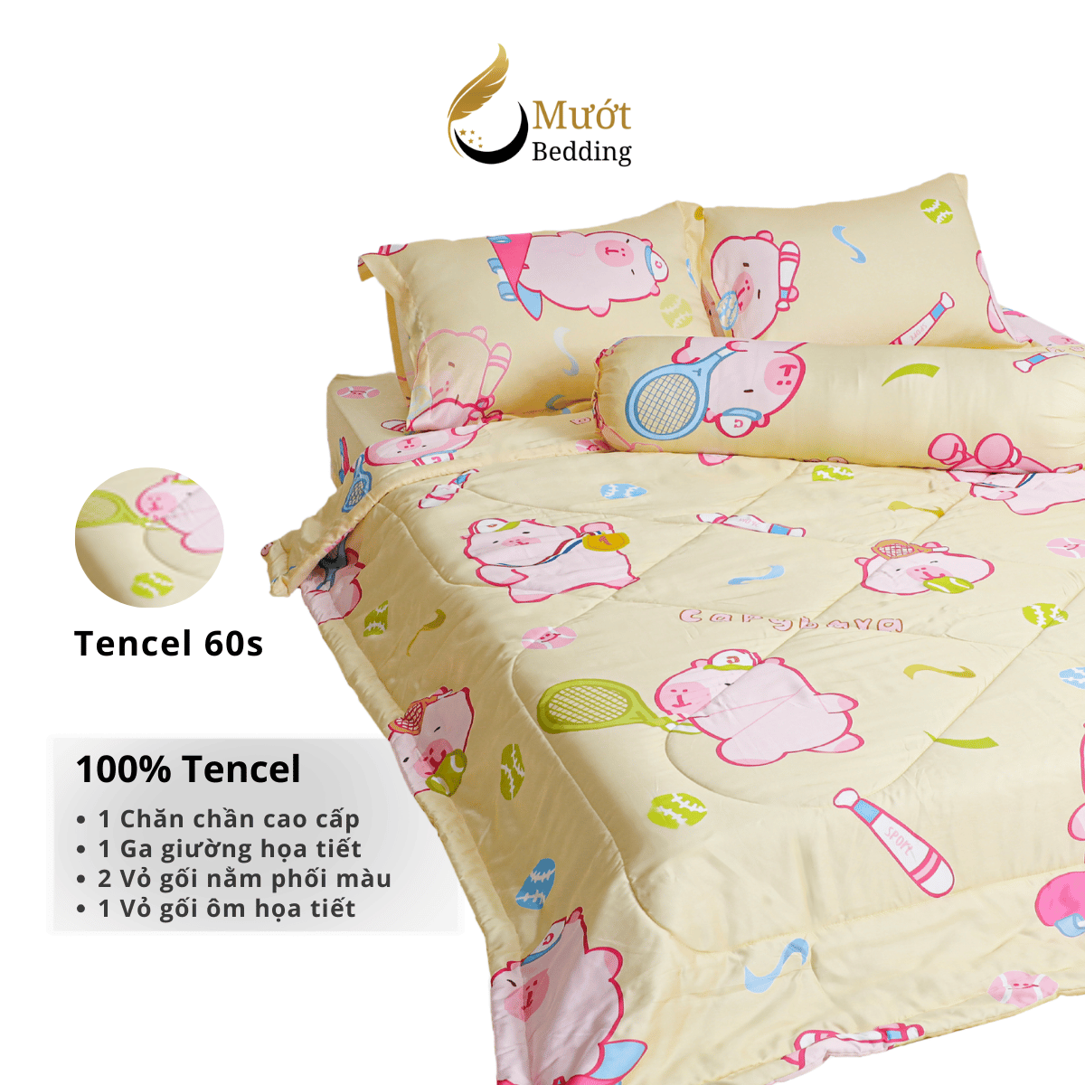 Bộ ga giường Mướt bedding chất liệu lụa Tencel bộ 5 món gồm chăn cao cấp đầy đủ size giường