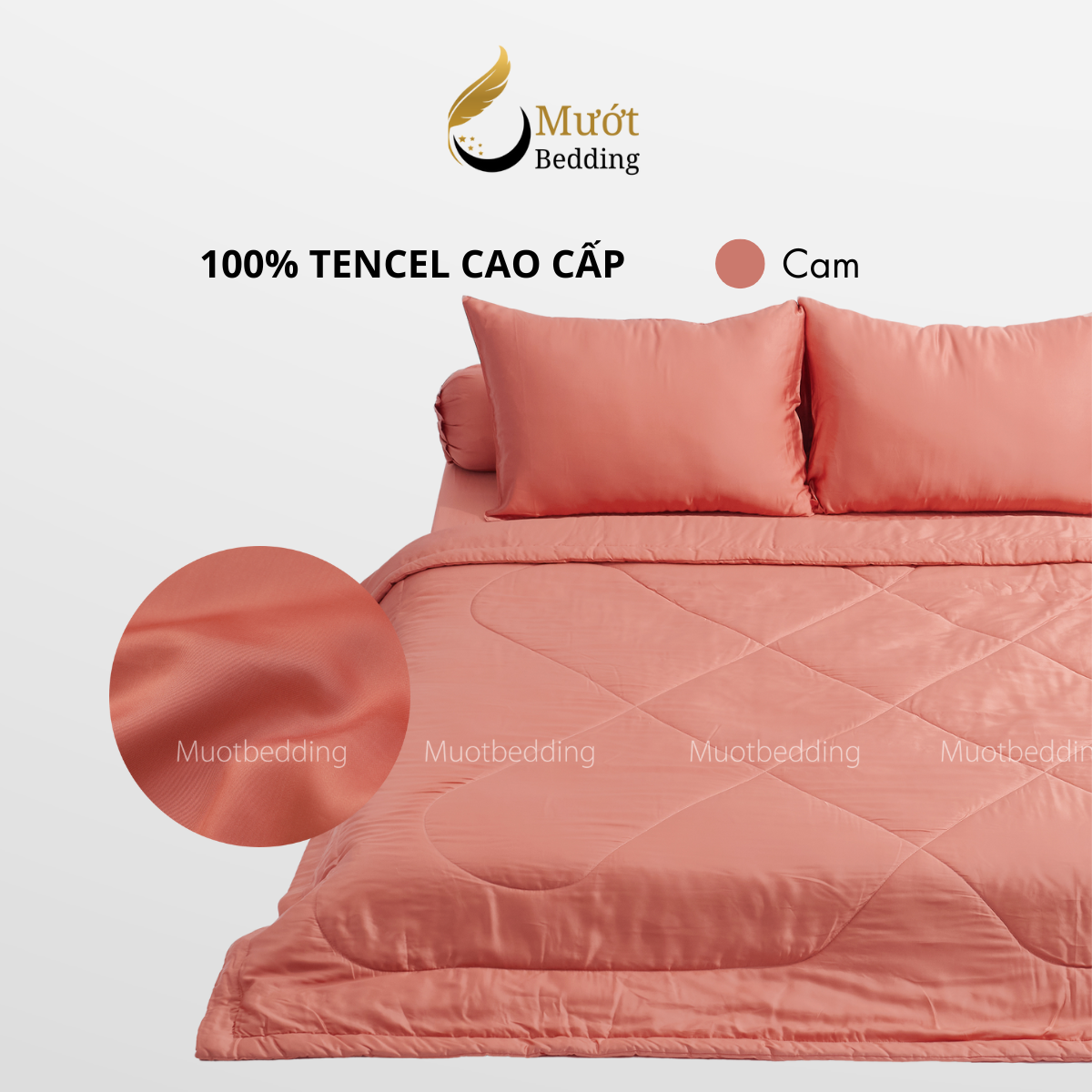 Bộ chăn ga gối lụa 100% Tencel 60s trơn màu - Mướt Bedding, bộ 5 món kèm chăn chần cao cấp