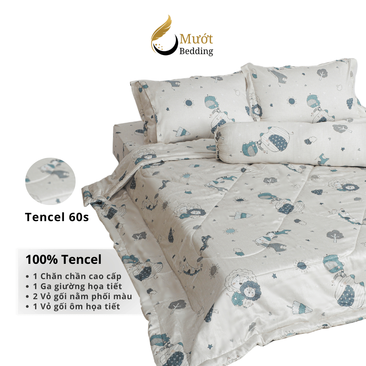 Bộ ga giường Mướt bedding chất liệu lụa Tencel bộ 5 món gồm chăn cao cấp đầy đủ size giường