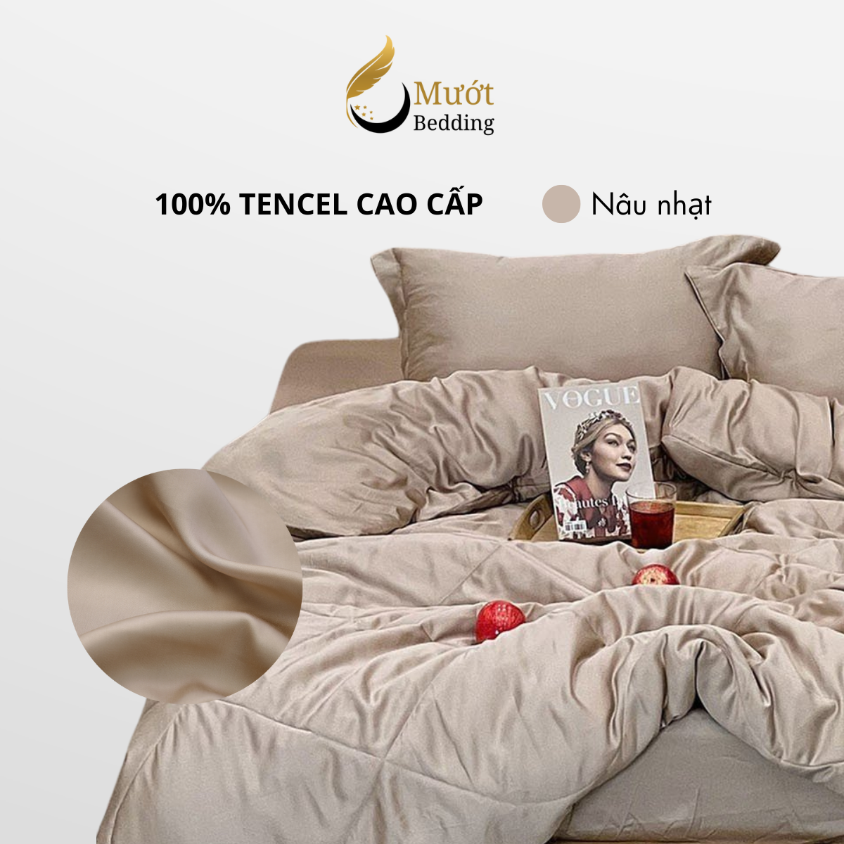 Bộ chăn ga gối lụa 100% Tencel 60s trơn màu - Mướt Bedding, bộ 5 món kèm chăn chần cao cấp