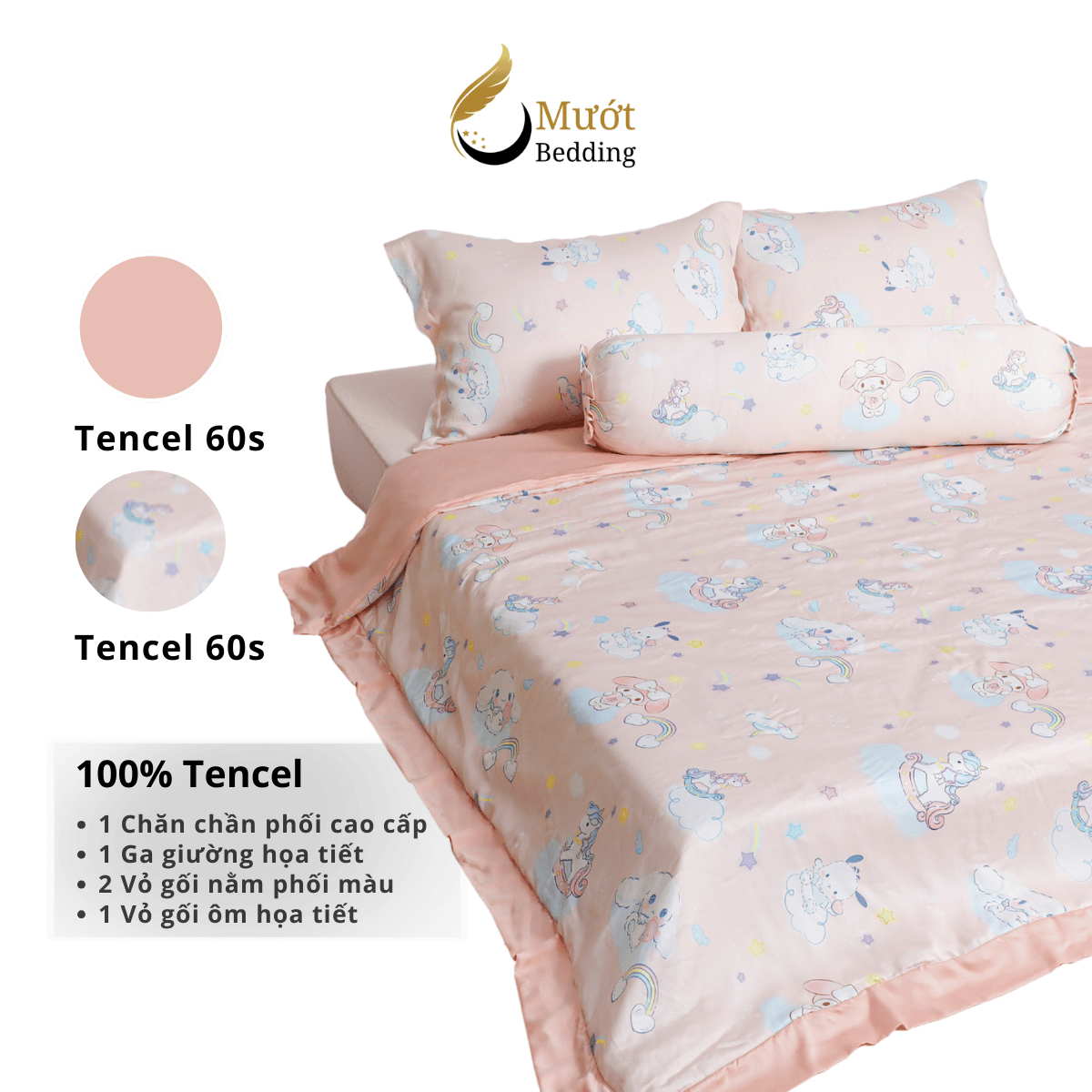 Bộ ga giường Mướt bedding chất liệu lụa Tencel bộ 5 món gồm chăn cao cấp đầy đủ size giường