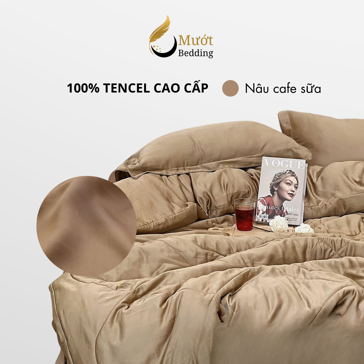 Bộ chăn ga gối lụa 100% Tencel 60s trơn màu - Mướt Bedding, bộ 5 món kèm chăn chần cao cấp