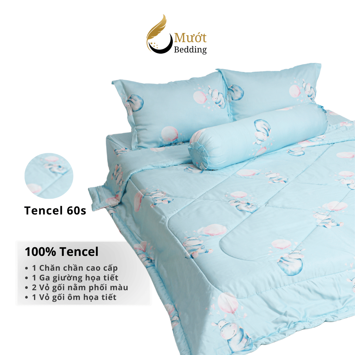 Bộ ga giường Mướt bedding chất liệu lụa Tencel bộ 5 món gồm chăn cao cấp đầy đủ size giường