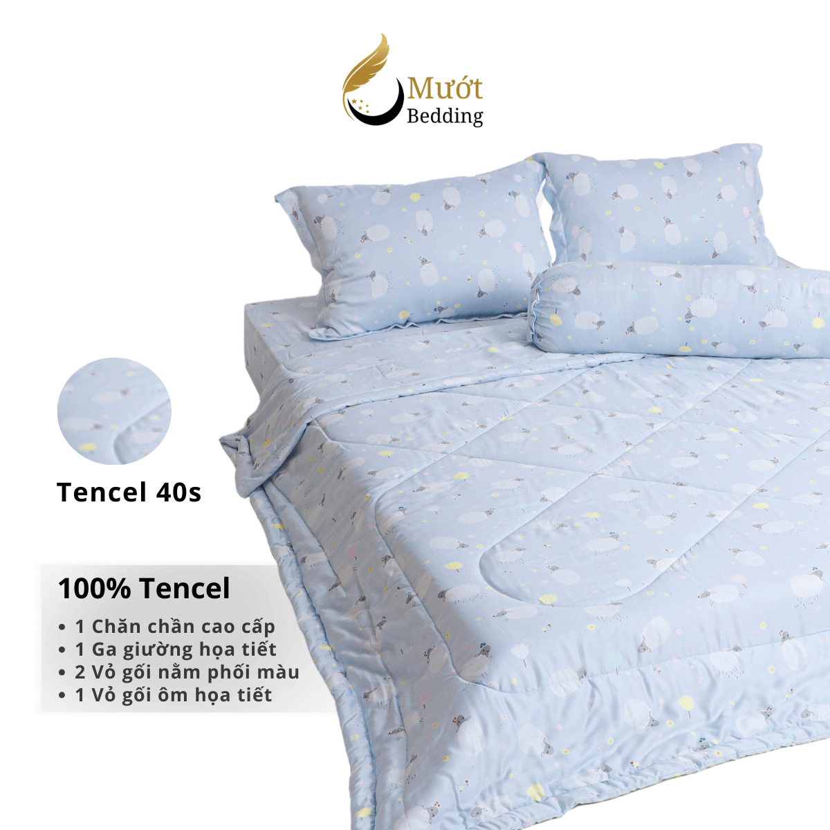 Bộ ga giường Mướt bedding chất liệu lụa Tencel bộ 5 món gồm chăn cao cấp đầy đủ size giường