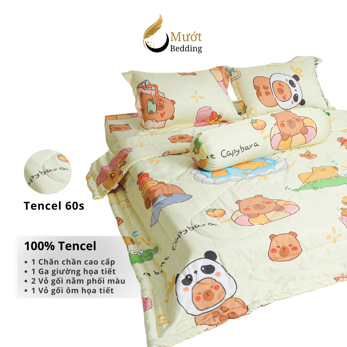 Bộ ga giường Mướt bedding chất liệu lụa Tencel bộ 5 món gồm chăn cao cấp đầy đủ size giường