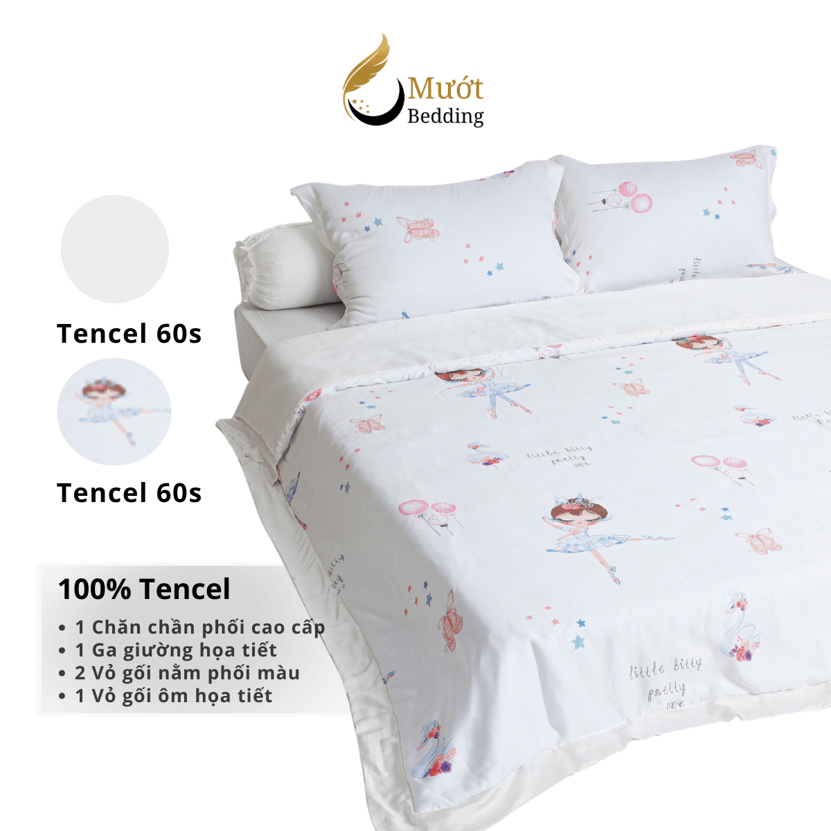 Bộ ga giường Mướt bedding chất liệu lụa Tencel bộ 5 món gồm chăn cao cấp đầy đủ size giường