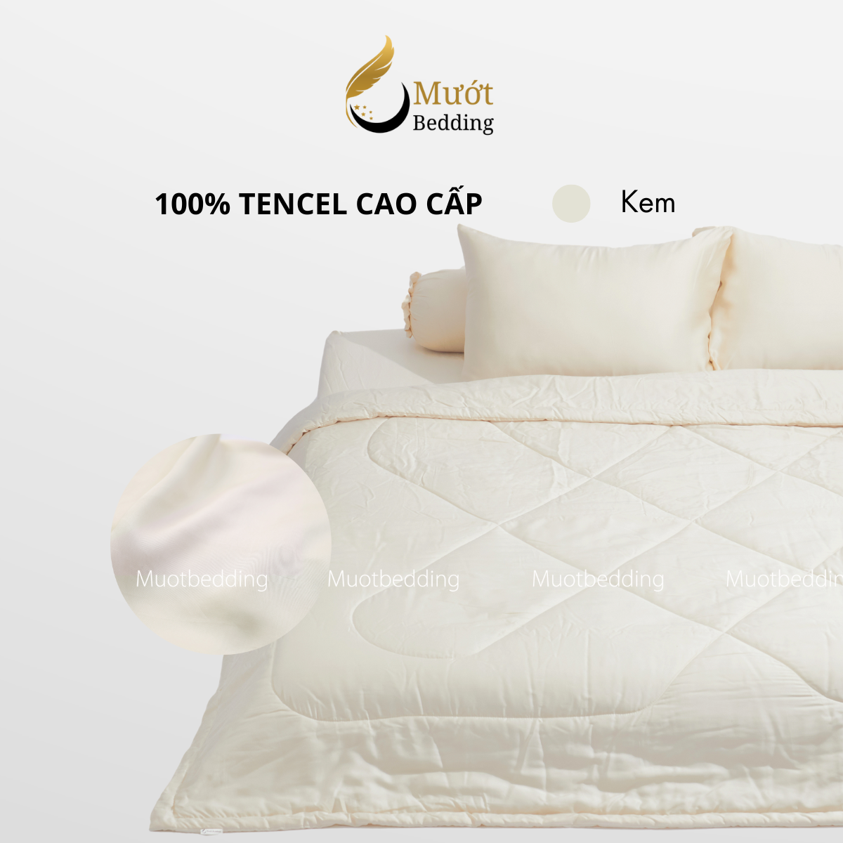 Bộ chăn ga gối lụa 100% Tencel 60s trơn màu - Mướt Bedding, bộ 5 món kèm chăn chần cao cấp