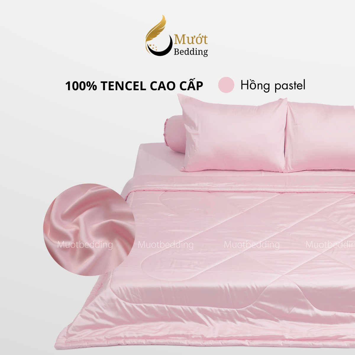 Bộ chăn ga gối lụa 100% Tencel 60s trơn màu - Mướt Bedding, bộ 5 món kèm chăn chần cao cấp