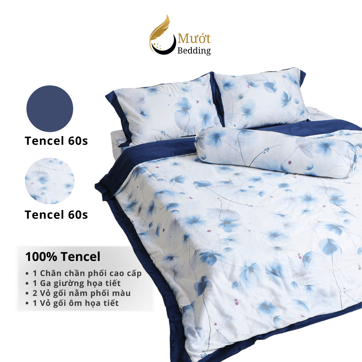 Bộ ga giường Mướt bedding chất liệu lụa Tencel bộ 5 món gồm chăn cao cấp đầy đủ size giường