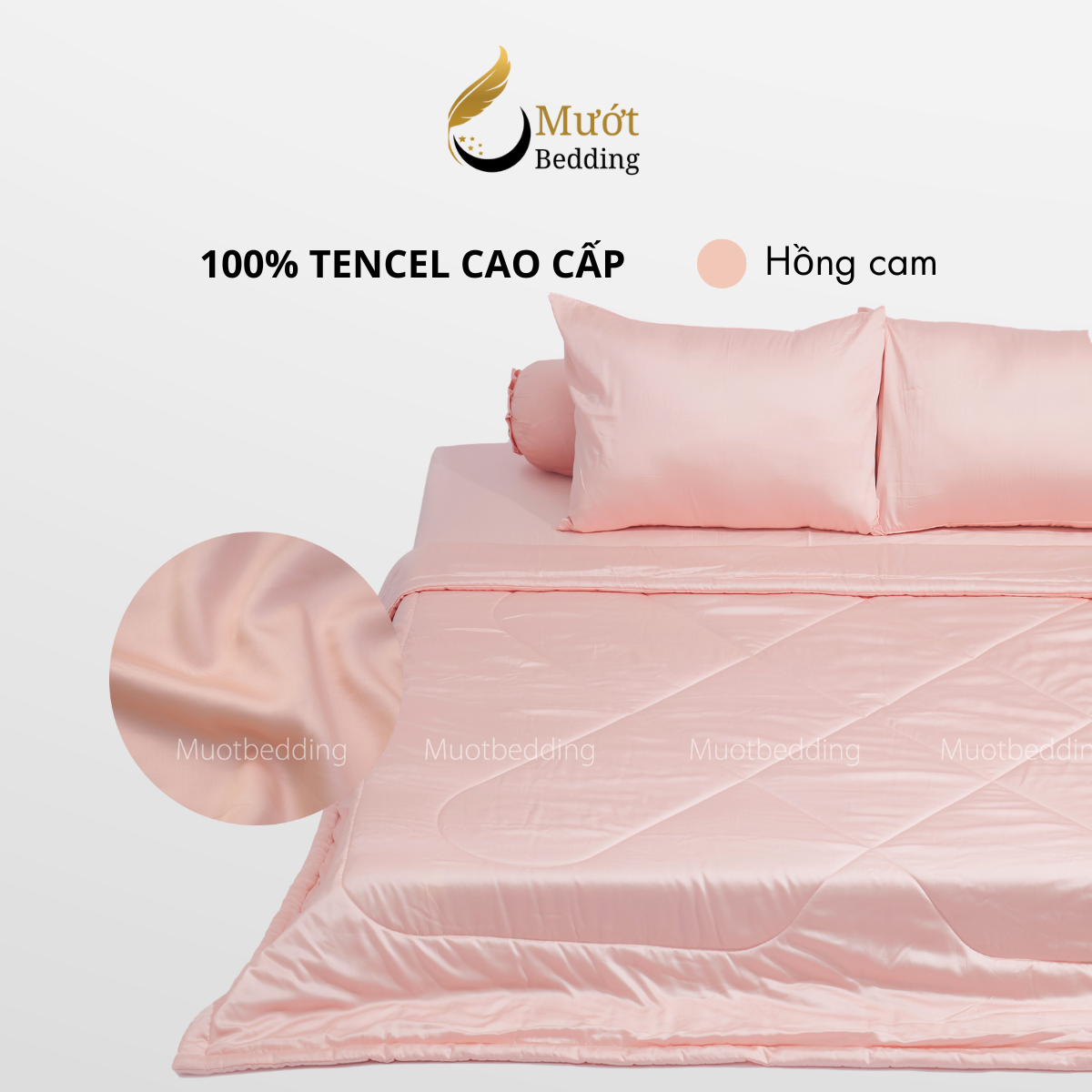 Bộ chăn ga gối lụa 100% Tencel 60s trơn màu - Mướt Bedding, bộ 5 món kèm chăn chần cao cấp