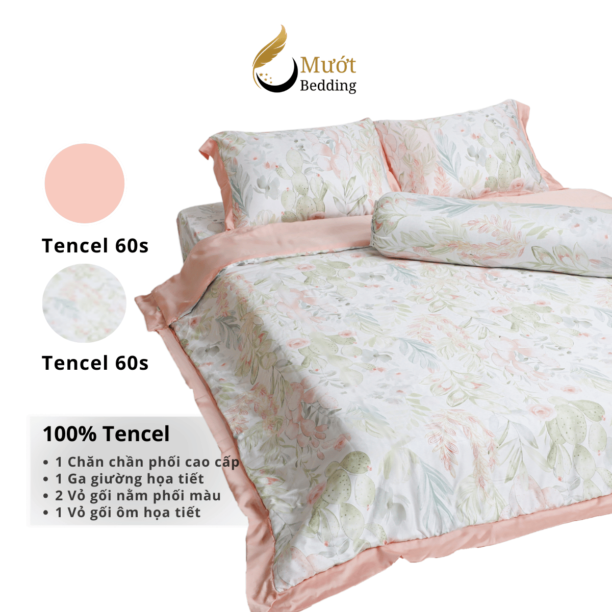 Bộ ga giường Mướt bedding chất liệu lụa Tencel bộ 5 món gồm chăn cao cấp đầy đủ size giường